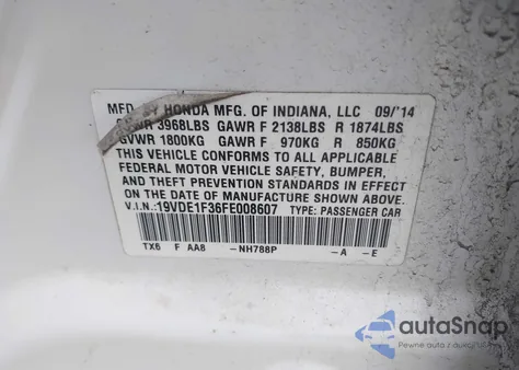 2015 Acura Ilx 2.0L from USA, damaged, VIN 19VDE1F36FE008607